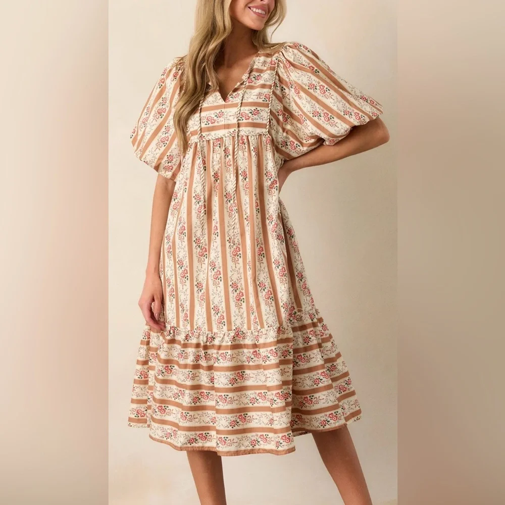 entro Cream and Pink Floral Stripe Midi Dress - Picture 2 of 7
